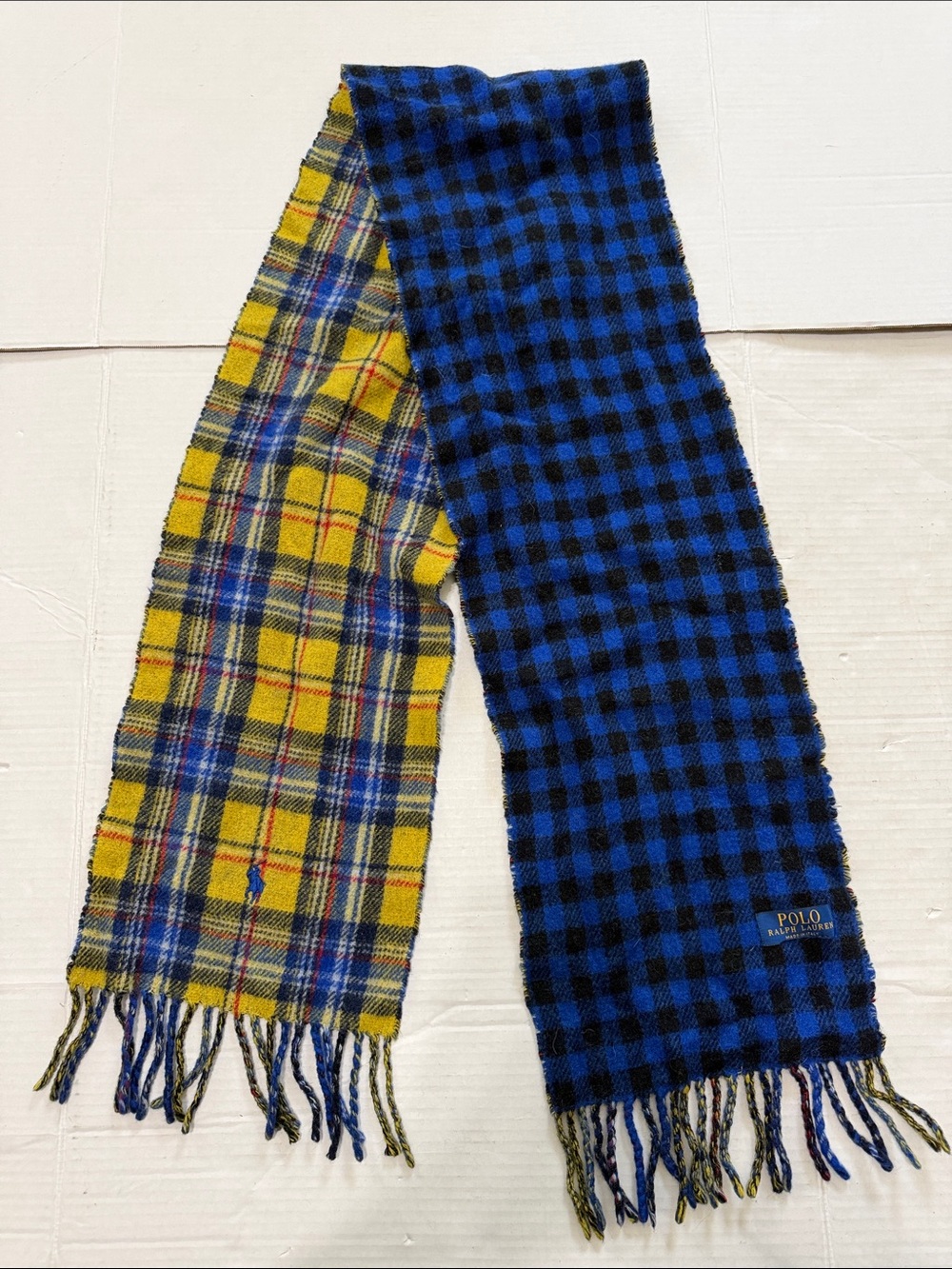 Polo by Ralph Lauren Blue & Yellow Plaid Reversible Wool Scarf Made in Italy